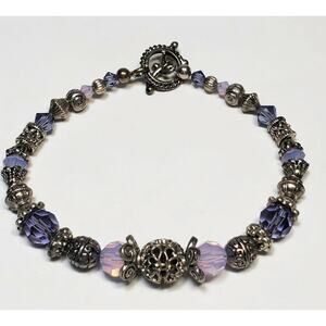 Purple Crystal Silver Tone Bead Toggle Bracelet 8"